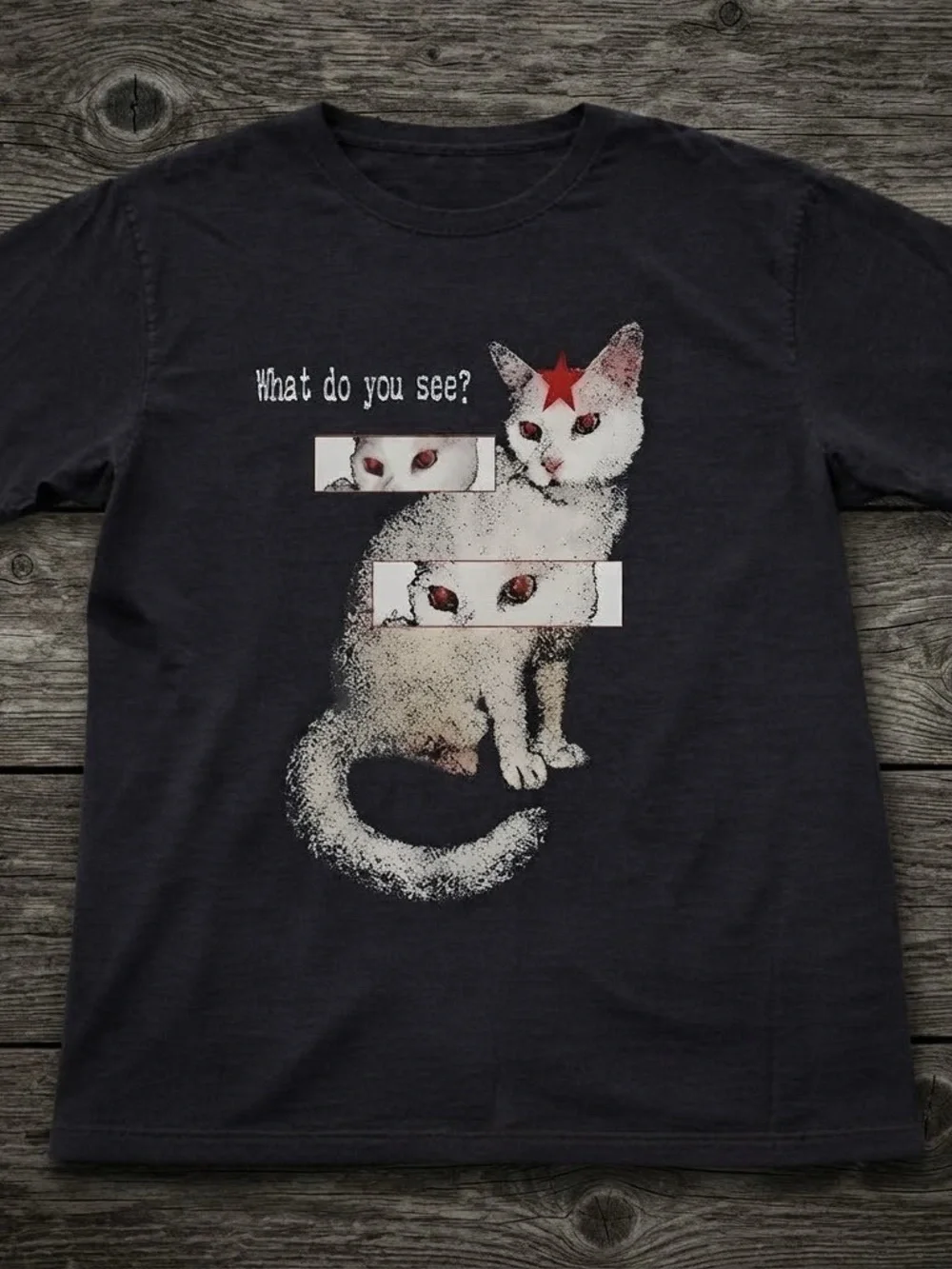 Gildan Black Tee with White Cat Graphic and Red Star